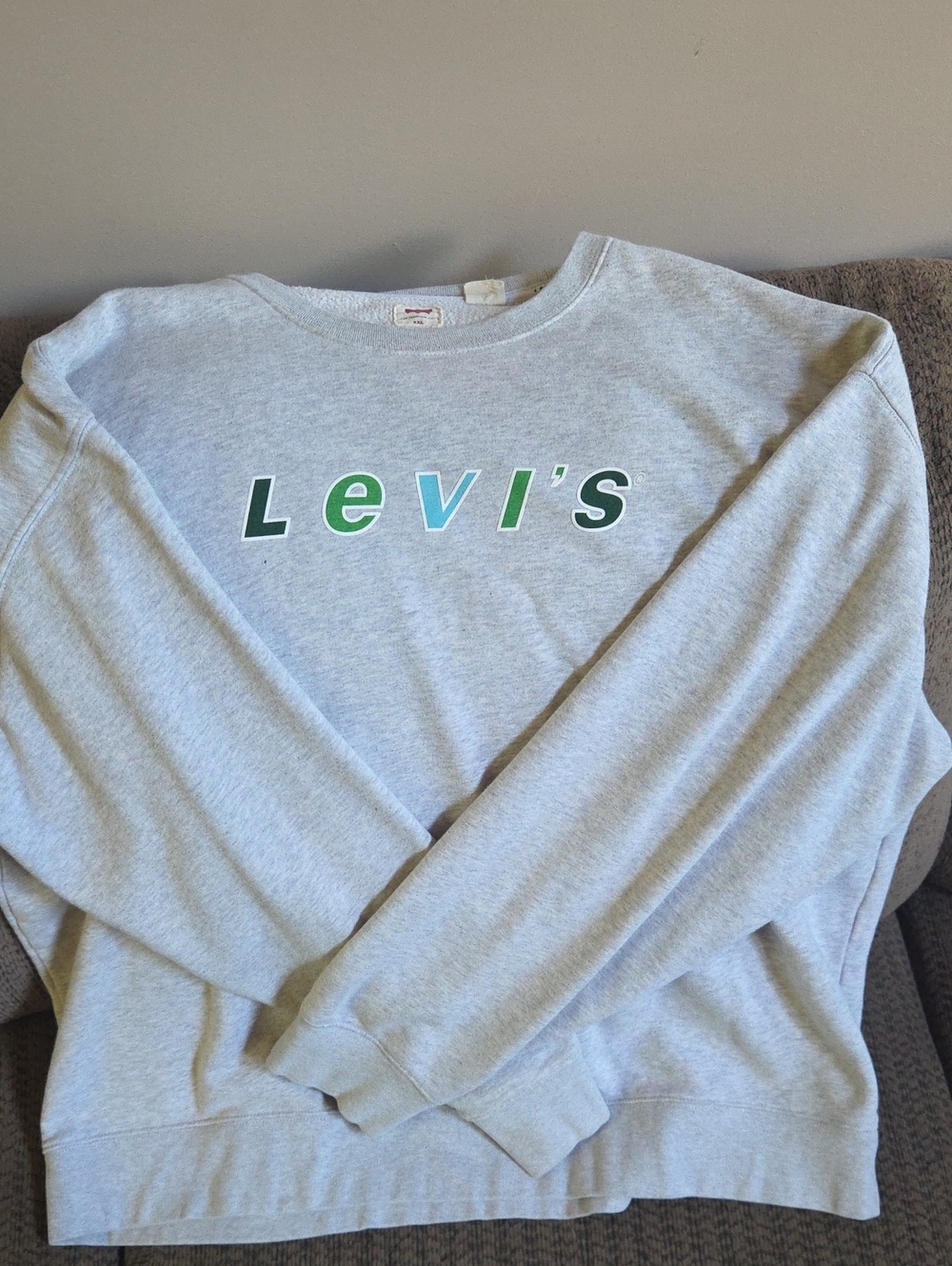 Levi's Light Gray Crewneck Sweatshirt with Green and Blue Logo